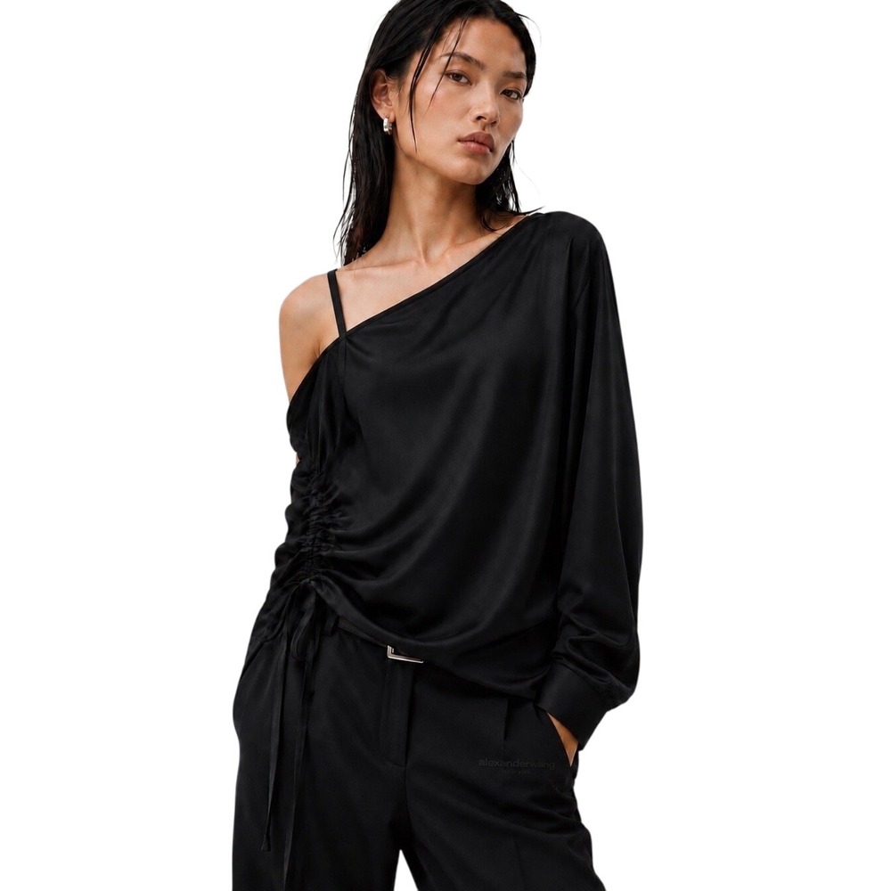 T by Alexander Wang Black Satin One Sleeves Ruched Blouse Top Size 12